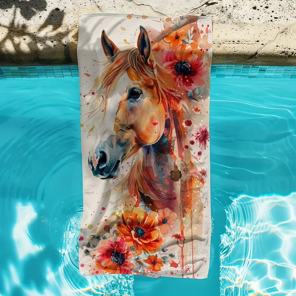 Serviettes de plage bain ou toilette imprimées - Cheval et fleurs