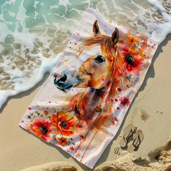 Serviettes de plage bain ou toilette imprimées - Cheval et fleurs