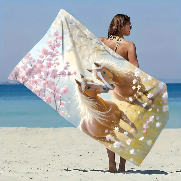 Serviettes de plage bain ou toilette imprimées - Chevaux sur champ de fleur et cerisier