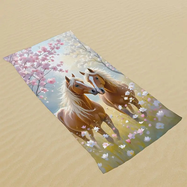 Serviettes de plage bain ou toilette imprimées - Chevaux sur champ de fleur et cerisier