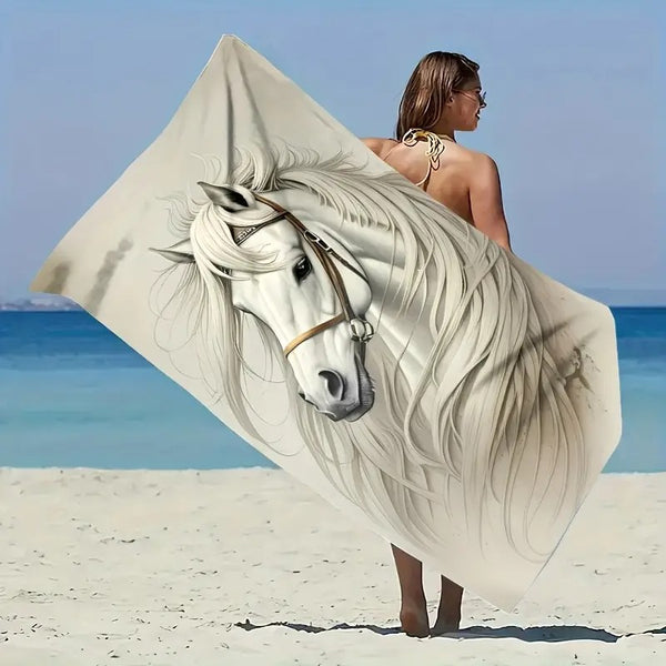 Serviettes de plage bain ou toilette imprimées - Dessin de cheval blanc sur fond pierre