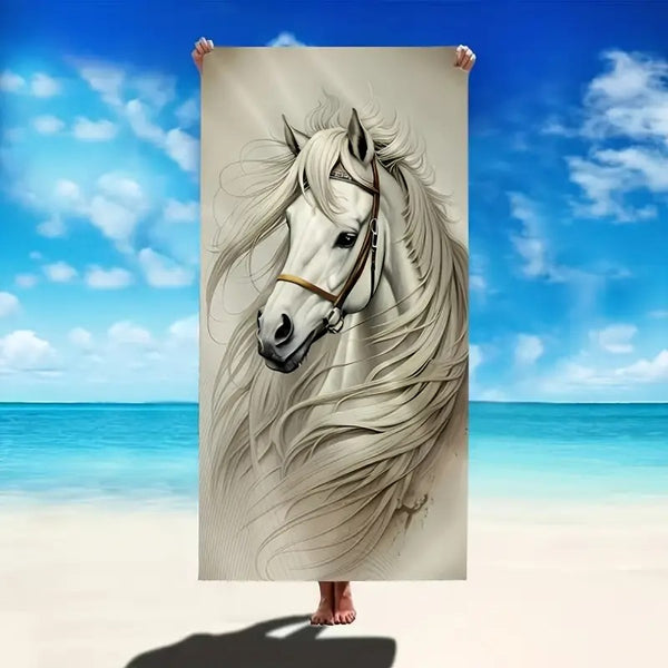 Serviettes de plage bain ou toilette imprimées - Dessin de cheval blanc sur fond pierre