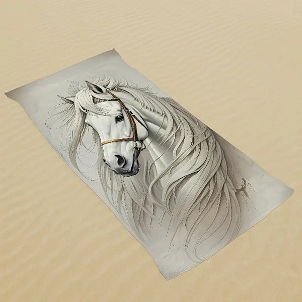 Serviettes de plage bain ou toilette imprimées - Dessin de cheval blanc sur fond pierre