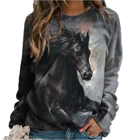 Sweat-shirt - impression sublimation Cheval noir sur fond gris