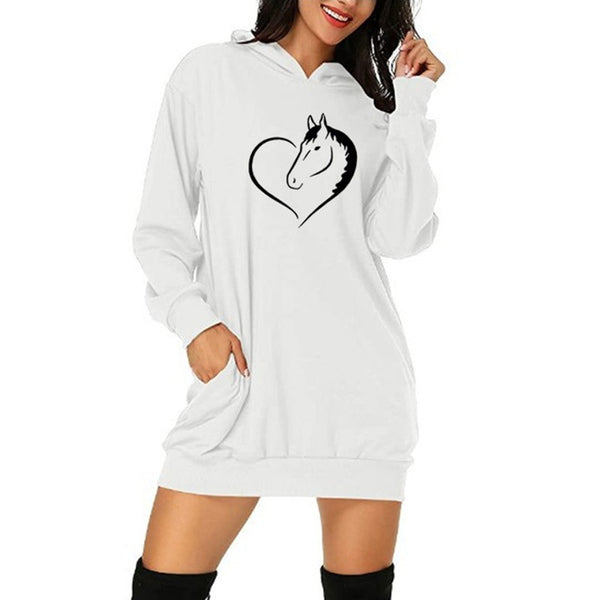 Sweat-shirt long à capuche - Impression Cheval coeur