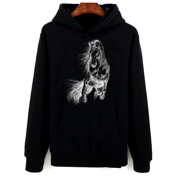 Sweat-shirt noir à capuche - Impression Cheval artistique