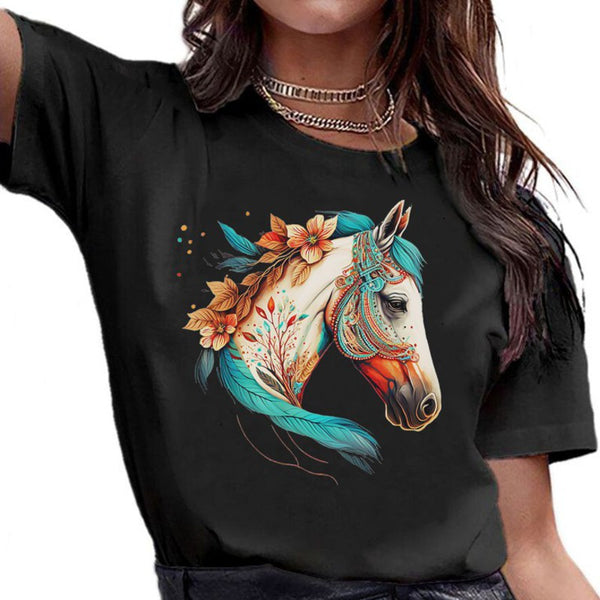 T-Shirt - Impression Cheval décoré de fleurs