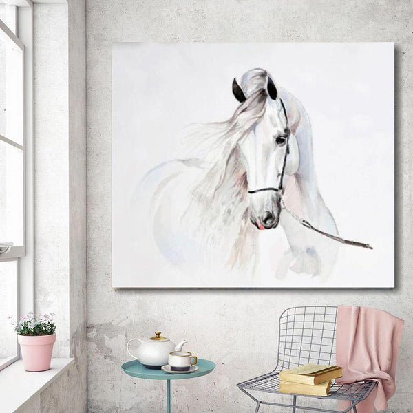 Tableau impression sur toile - Cheval blanc fond blanc - 120 x 80 cm