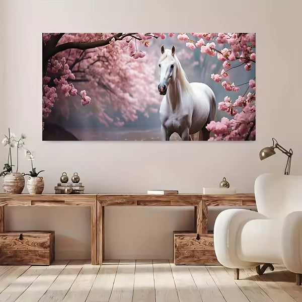 Tableau impression sur toile - Cheval blanc et fleurs