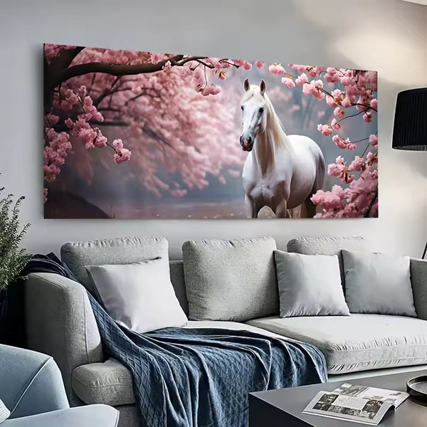 Tableau impression sur toile - Cheval blanc et fleurs