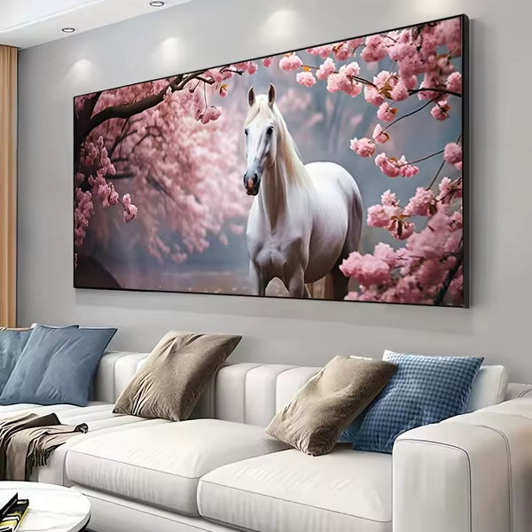 Tableau impression sur toile - Cheval blanc et fleurs