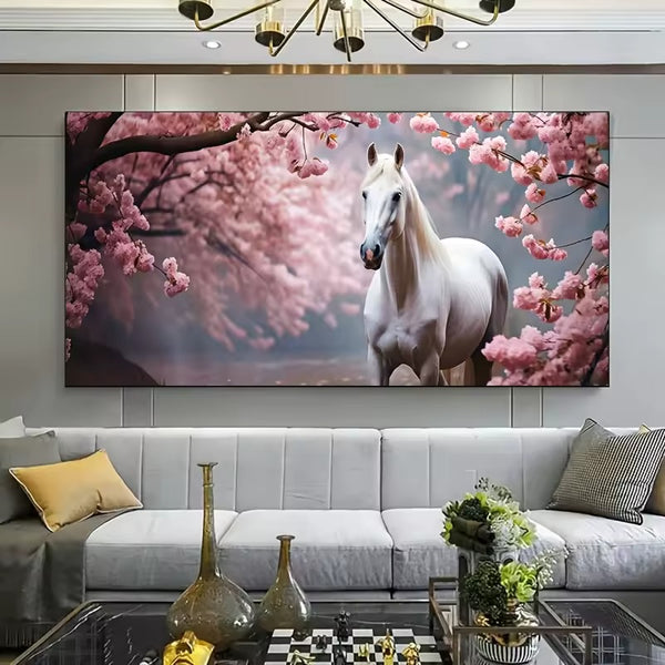 Tableau impression sur toile - Cheval blanc et fleurs