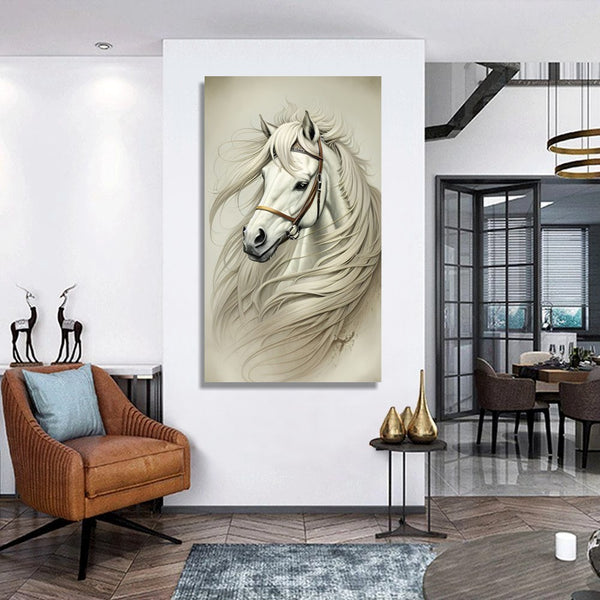 Tableau impression sur toile - Cheval dessin fond pierre