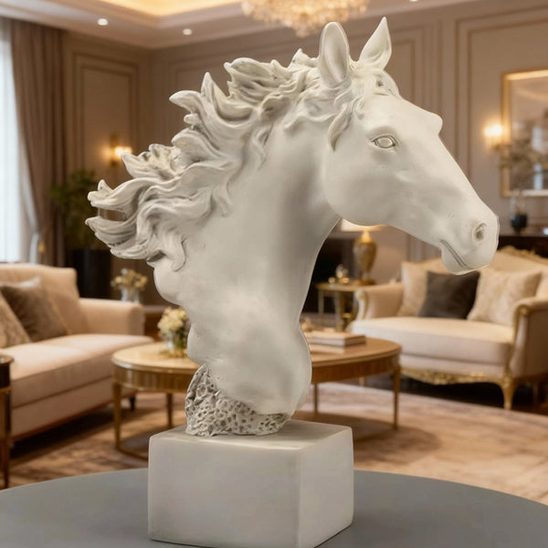 Objet déco Statuette Tête de cheval en résine effet pierre blanche