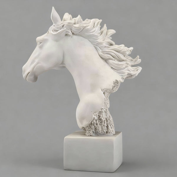 Objet déco Statuette Tête de cheval en résine effet pierre blanche