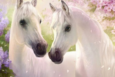 Affiche Poster imprimé HD - Couple de chevaux blancs fond fleurs