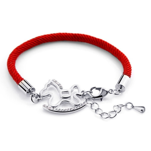 Bracelet Corde rouge, cheval plaqué or et brillants