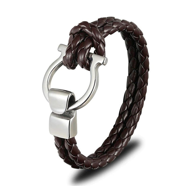Bracelet cuir tressé motif acier inspiration équestre