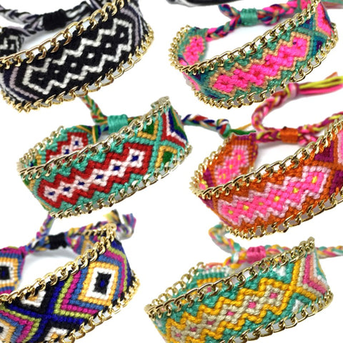 Bracelet brésilien en cordons tressés et chainettes Fashion mode Bohême hippie coachella_