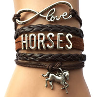 Bracelet fashion - Infini Love Horses et tresse de cuir_
