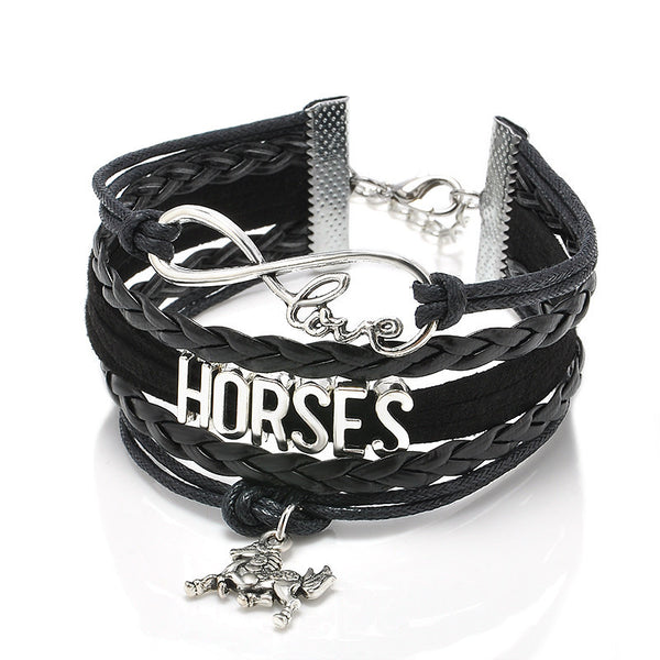 Bracelet fashion - Infini Love Horses et tresse de cuir_