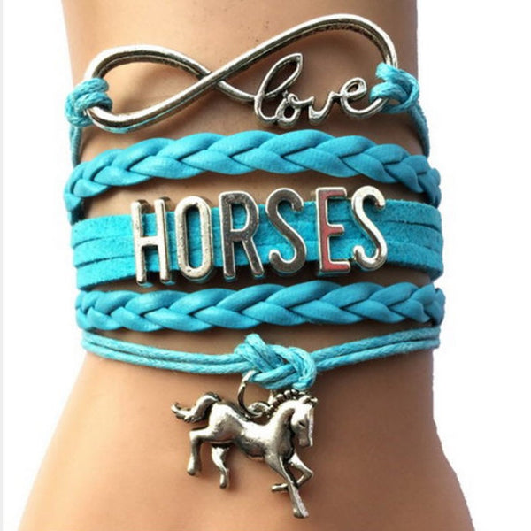 Bracelet fashion - Infini Love Horses et tresse de cuir_