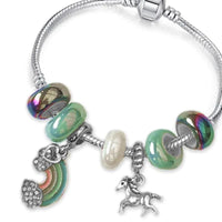 Bracelet argent - Farandole perles Poney et arc-en-ciel