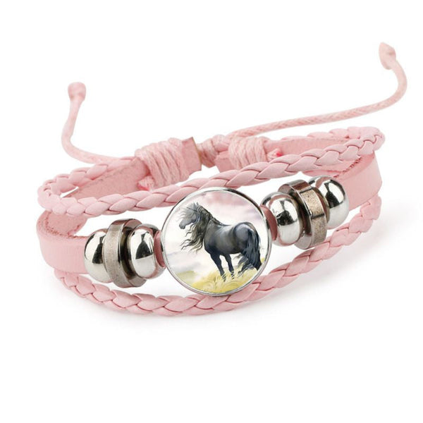 Bracelet fashion - médaillon cheval - tresse de cuir et perles