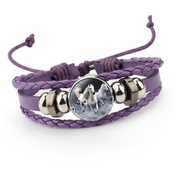 Bracelet fashion - médaillon cheval - tresse de cuir et perles