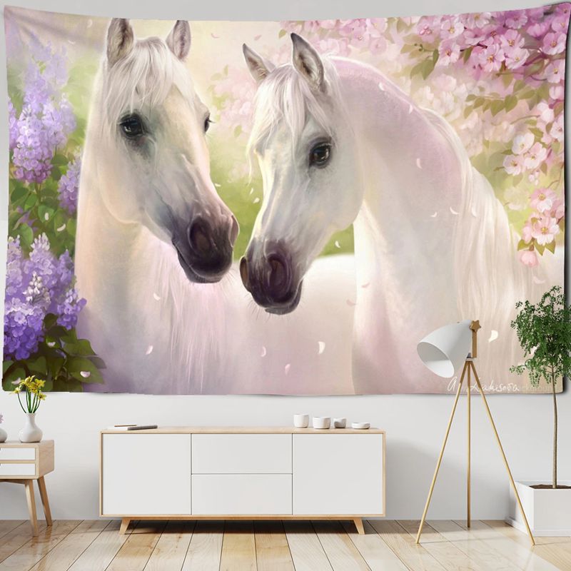 Carré décor tissu imprimés HD Couple de chevaux blancs fond fleurs
