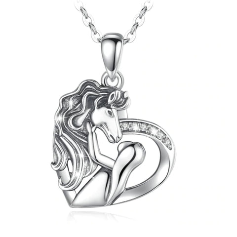 Collier pendentif - Coeur Cheval fille - argent massif et zircon