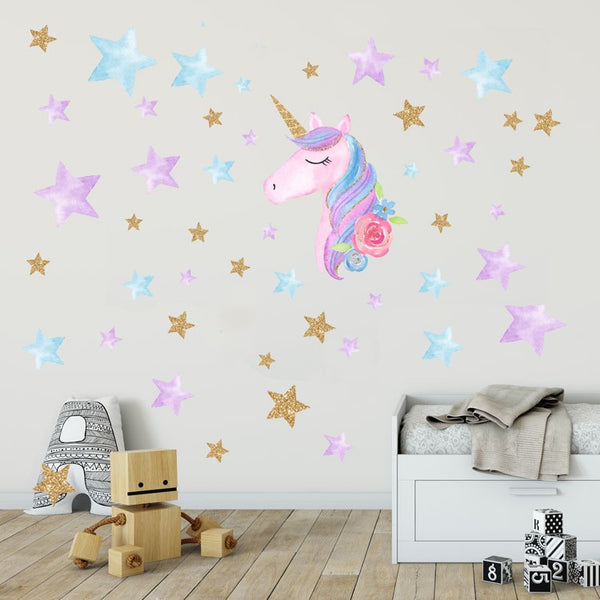 Décor Sticker mural Licorne pour chambre d'enfant - Cheval licorne cœurs