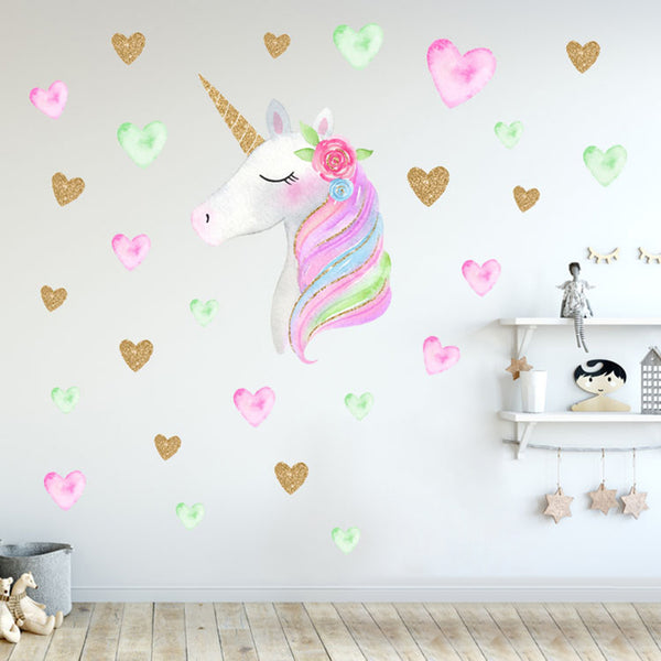 Décor Sticker mural Licorne pour chambre d'enfant - Cheval licorne cœurs étoiles