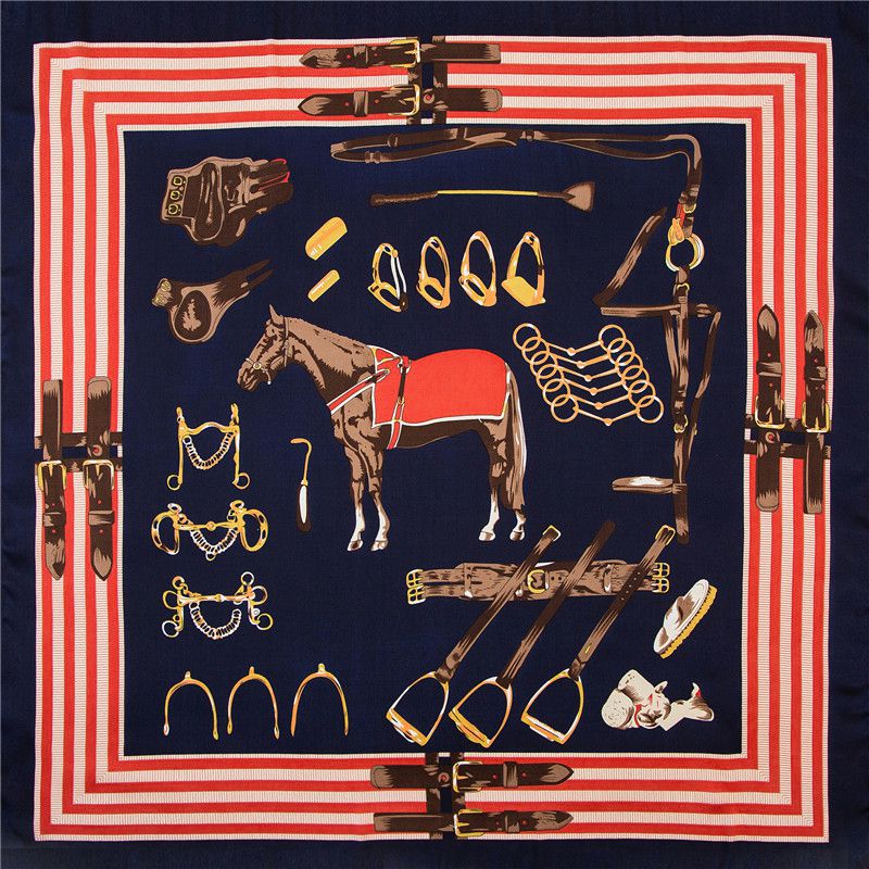 Foulard Vintage à Motif Équestre (Étriers, Sellés, Chevaux) - Rouge Polyester - Occasion Bon État