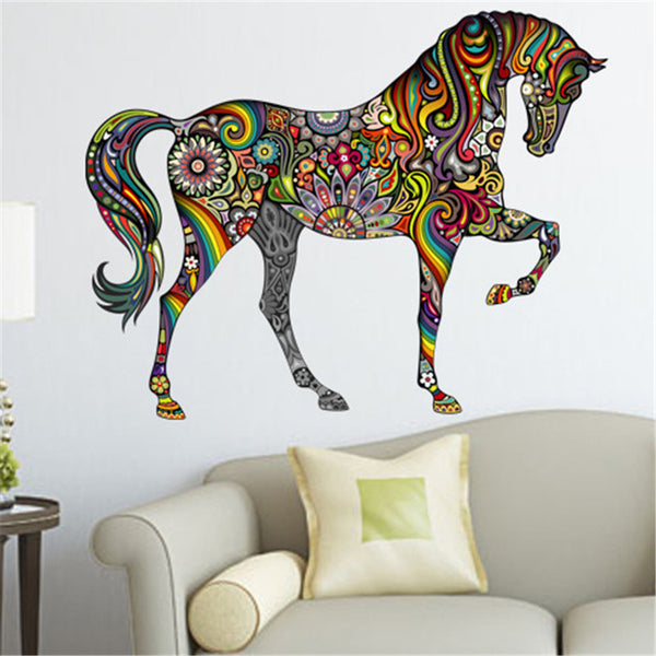 Sticker mural Déco cheval fleurs couleurs 47 x 37 cm
