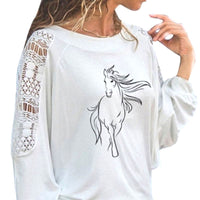 Haut t-shirt femme - impression cheval - large manches longues