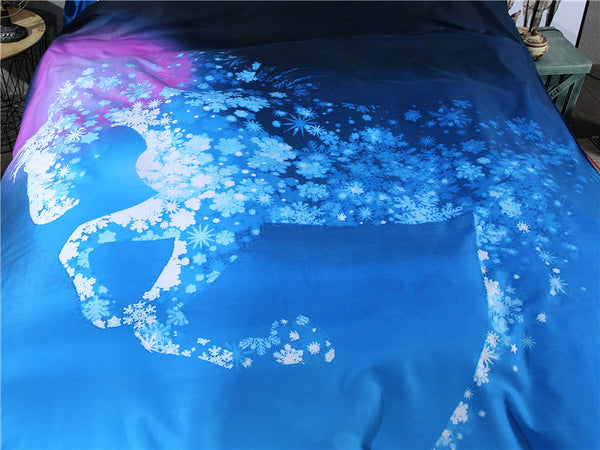 Housse de couette imprimée Cheval et étoiles de neige sur fond bleu