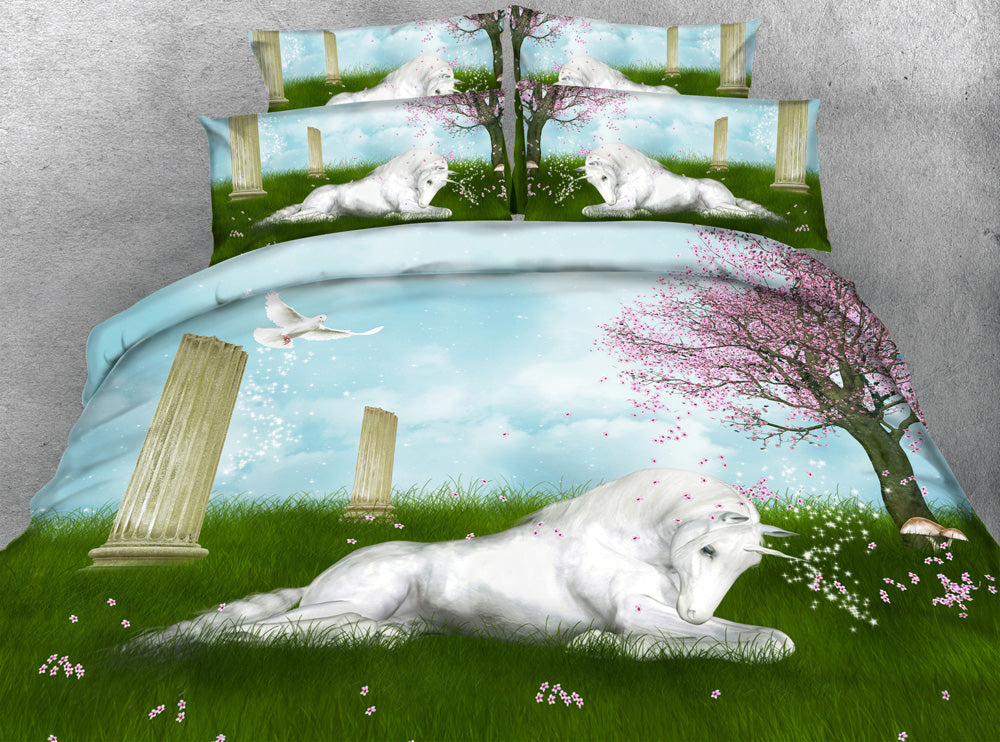 Housse de couette imprimée Cheval licorne blanche et colombe – Chevaux