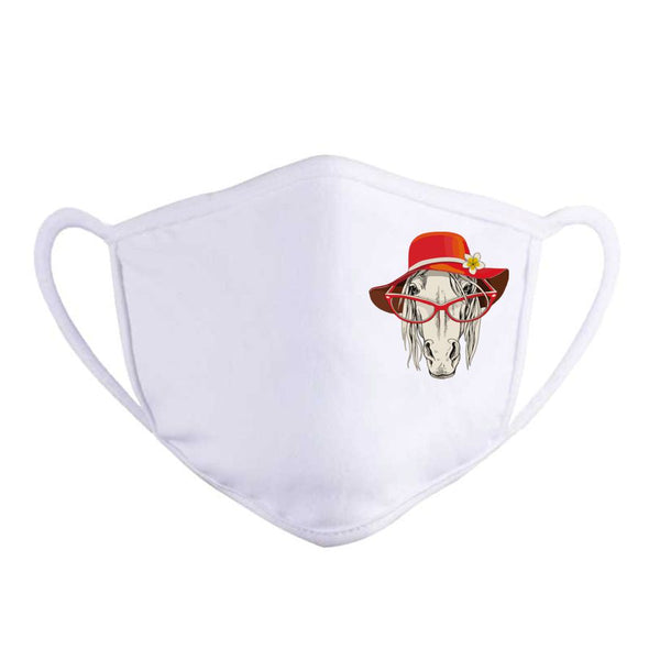 Masque respiratoire tissu imprimé cheval humour chapeau et lunettes