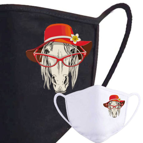 Masque respiratoire tissu imprimé cheval humour chapeau et lunettes