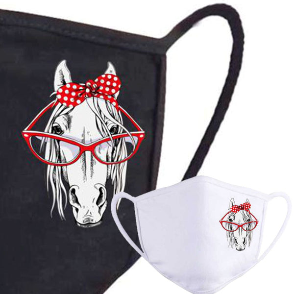 Masque respiratoire tissu imprimé cheval humour lunettes et ruban