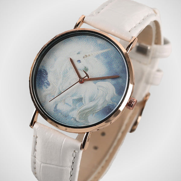 Montre Quartz - Cadran Cheval Licorne - Bracelet croco - Blanc