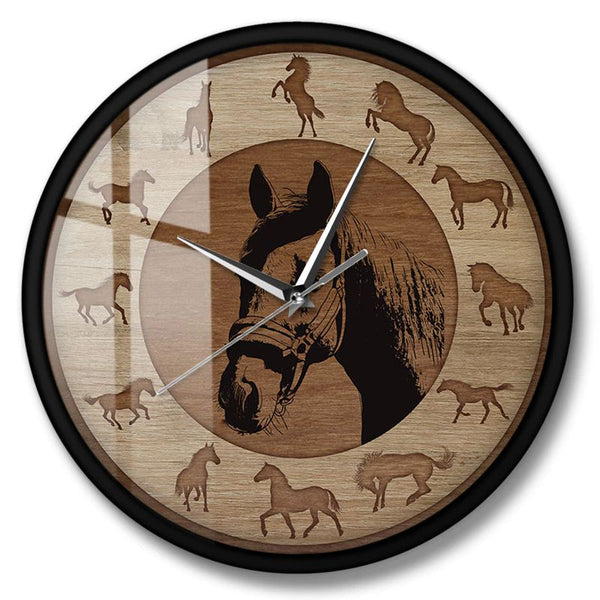Montre horloge murale déco chevaux sur fond bois