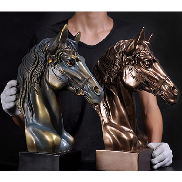 Objet déco Oeuvre d'art Tête de cheval en résine effet bronze Grande taille 43 cm