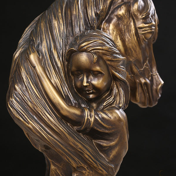 Objet déco Oeuvre d'art Tête de cheval & fillette en résine effet bronze 35 cm