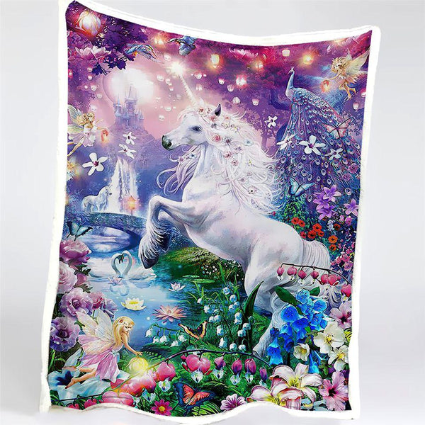 Plaid polaire Couverture imprimée cheval licorne et fée pour canapé ou lit