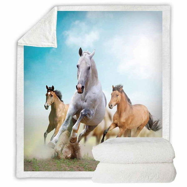 Plaid polaire Couverture imprimée chevaux blanc marrons pour canapé ou lit