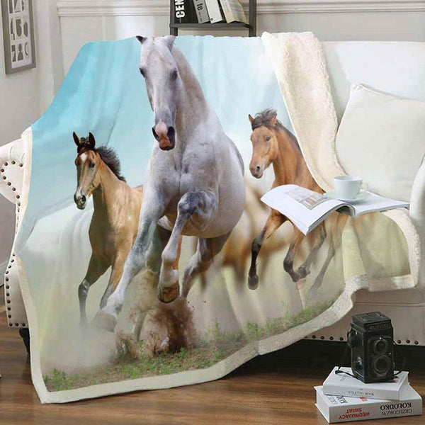Plaid polaire Couverture imprimée chevaux blanc marrons pour canapé ou lit