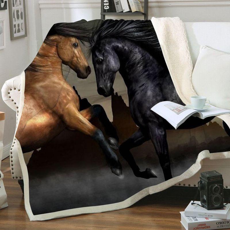 Plaid polaire Couverture imprimée chevaux marron et noir pour canapé ou lit