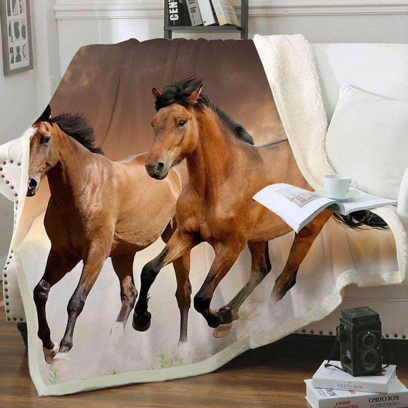 Plaid polaire Couverture imprimée chevaux marrons pour canapé ou lit